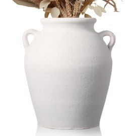 Mimorou Large Ceramic Vase with 2 Handles 11 Inch Tall Terracotta Vase Rustic Vintage Vase Decorative Pottery Flower Vase for Home Table Countertop Shelf Living Room Decor (White)