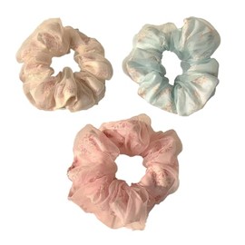 3Pcs Summer Mesh Scrunchies for Hair,Pink White Blue Silk Satin Hair Scrunchies for Thick Curly Large Hair-Ties Elastic Bands Ponytail Holder Summer Hair-Accessories for Women Girls Gifts