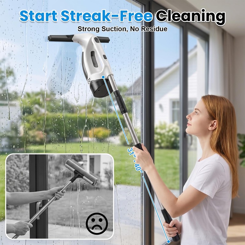 Window Vacuum Squeegee with Extendable Pole, Electric Window Cleaner Tool