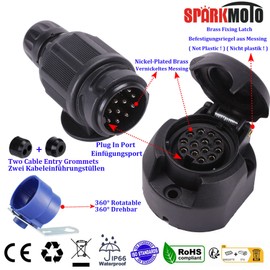 SPARKMOTO 13 Pin Trailer Plug and 13 Pin Trailer Socket,12V 13 Pin Trailer Plug Socket With Blue Trailer Plug Holder Tow bar Towing Trailer Plug Socket For Trailer RV Cars Caravan Connector (Short)