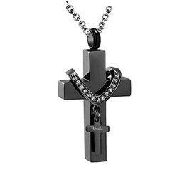 MEMORIALU Black Cross Urn Necklaces for Ashes Cremation Crucifix Keepsake Memorial Men Stainless Steel Pendant Necklace for Uncle
