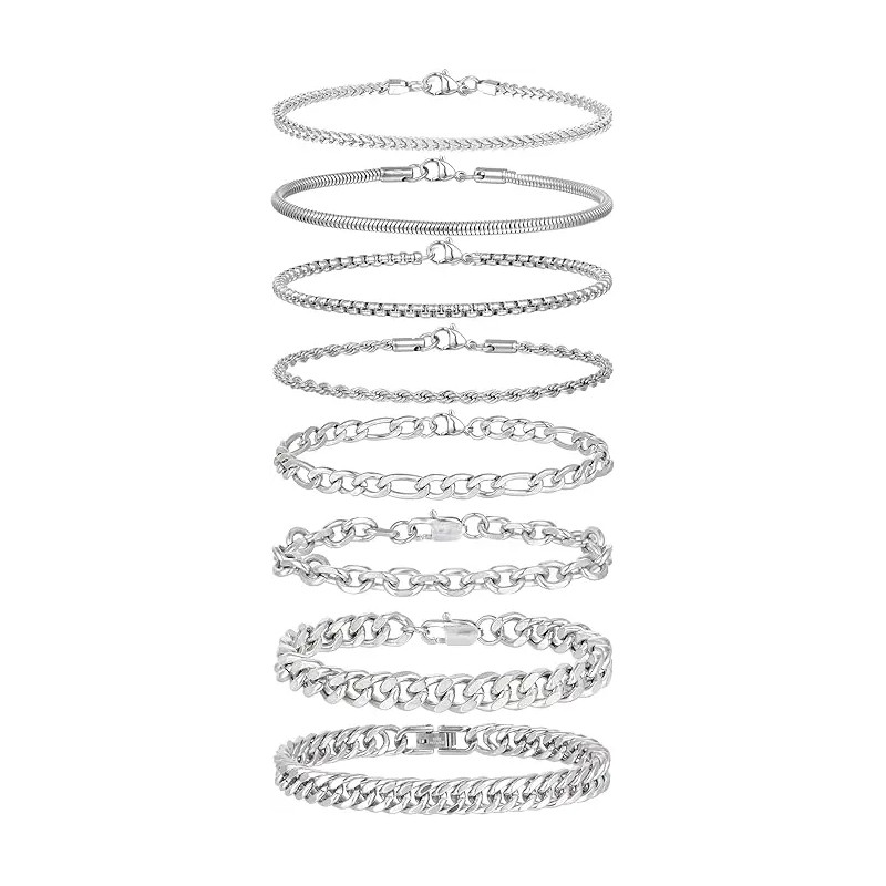 8Pcs Chain Bracelet Stainless Steel Curb Width Rope Figaro Cuban