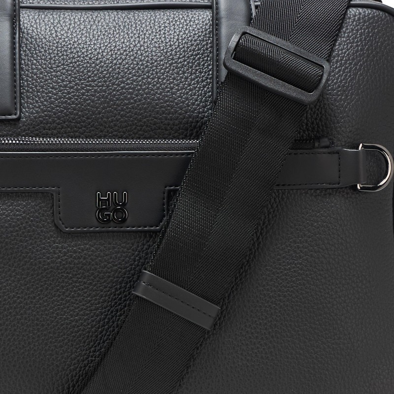 HUGO Stacked Logo Leather Briefcase, Black Currant, PCE.