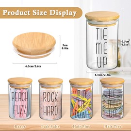 Funny Glass Apothecary Jars with Lids for Bathroom Storage Organizer, 4 Pack Cotton Ball Q-Tip Holder Hair Tie Organizer & Bobby Pin Holder Great for Gag Gifts Bathroom Canisters Decor Farmhouse Style
