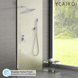 YCAIKOI Brushed Nickel Shower System, 8 Inch High Pressure Rain Shower with Handheld, Wall Mount Shower Faucet Set for Bathroom, Rough-in Valve Body and Trim Included