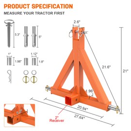 3 Point 2" Trailer Hitch Receiver Orange for Category 1 Tractors, Heavy Duty Towing Hitch Tractor Drawbar Attachment Category 1 Compatible with BX, Kubota, John Deere, NorTrac, Kioti, Yanmar