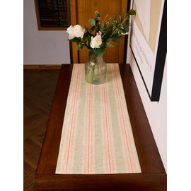 Narrow Striped Rustic Table Runners Easter Vintage Table Runner Chenille Striped Tablecloth in Natural Green Pink Farmhouse Kitchen Coffee Table Runner Decor for Living Room (14X48 INCH)