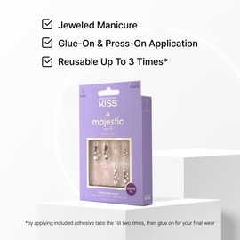 KISS Majestic, 30 Pcs Press On Nails, Medium Coffin Fake Nails, Pink Butterfly Glitter Design with Gems, Reusable Stick On Extensions Full Cover Kit with Glue, Adhesive Tabs, Manicure Stick & File