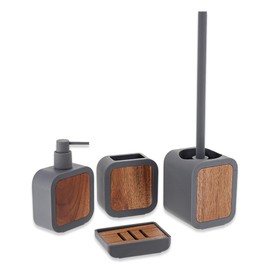 4-Piece Bathroom Accessory Set Gray Rubber and Acacia – Soap Dispenser, Toothbrush Holder, Soap Dish, Toilet Brush with Holder – Compact Design for Bathroom Countertops