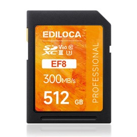 Ediloca SD Card 512GB, V60 Memory Card up to 300MB/s Read, 200MB/s Write, UHS-II, Class 10, U3, Ideal SD Card for Professional 4K/6K Video and Photography, Shockproof & Waterproof (EF8)