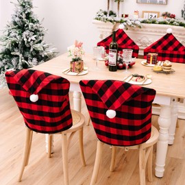 TSLBW 4 Pcs Christmas Chair Back Covers, Christmas Chair Covers Set, Christmas Decorations Chair Back Covers, Santa Clause Hat Chair Back Covers for Chairs Kitchen Festival Holiday (Multi)