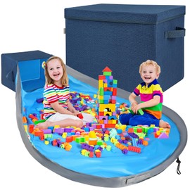Voova Toy Storage Organizer and Play Mat- 2-in-1 Toy Storage Chest Bin for Kids, Stackable and Foldable Cube Toy Basket Box for Boys & Girls, Large Building Blocks Storage Holder for Playroom,Blue