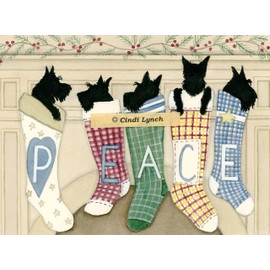 Lynch 12 Christmas Cards: Scottish Terriers (Scotties) Hung by The Chimney with Care Folk Art