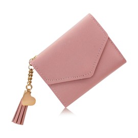 AdiStylinno Small Wallet for Women, Triple-fold Slim Laides Wallet Purse with ID Window Multi-Card Slots Cute Card Holder Wallet with Tassel and Metal Pendant (A, Pink)