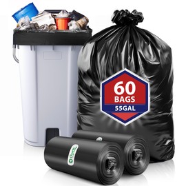 Teivio 55 Gallon Black Trash Bags | 60 Bags w/Ties 49,50,55 Gal Garbage Bags | Extra Large Multipurpose Kitchen Office | Lawn And Leaf Bags | Outdoor Yard Waste Container | Workshops Trash Can Liner