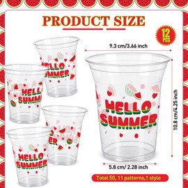 Honeydak 50 Pcs Watermelon Cups 12 oz Watermelon Birthday Plastic Cups Clear Summer Disposable Glasses Fruit Theme Drinking Glasses for Home Kitchen Fruit Party Favors Supplies Decoration(Red)