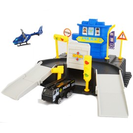 City Police Station Building Kit with Fire Truck, Police Helicopter 2 Level Parking Garage Playset for Kids Boys Girls