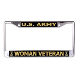 U.S. Army Woman Veteran Black Background Chrome License Plate Frame