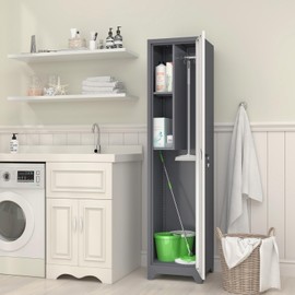 GREATMEET Slim Locking Metal Garage Storage Cabinet, 65" Lockable Utility Closet, Tall Steel Narrow Broom Closet Storage Cabinets with Door and Shelves for Laundry Room, Bathroom, White & Grey