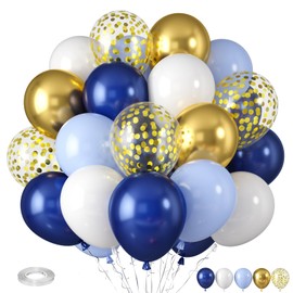 Navy Blue and Gold Balloons, Blue and White Gold Balloons, Macaron Blue Pearl Navy Blue Balloons, Gold Confetti Latex Balloons for Birthday Wedding Baby Shower Graduation Anniversary Engagement