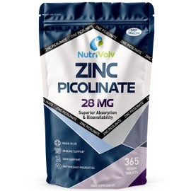 Zinc Picolinate 28mg | 365 Tablets | 1 Year Supply | One A Day | Max Absorption & Bioavailability | Immune Function, Fertility & Healthy Bones, Vision, Hair, Nails, Skin | Vegan UK Made | by NutriVolv