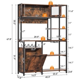 Bigbiglife Bakers Rack with Power Outlet and LED Light, 42.5 inch Industrial Coffee Bar Cabinet with Trash Can Storage Bin Cabinet, Microwave Stand with Storage for Kitchen, Living Room