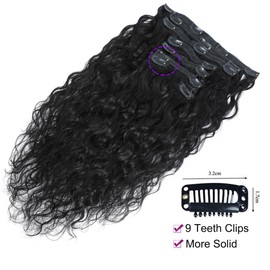 Human Curly Hair Natural Black 1B Double Weft Water Wave Curly Clip ins Extensions for Black Women Clip on Wave Hair Extension 16 Inch 120 Gram