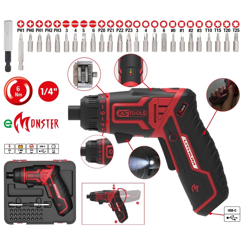 KS Tools 515.6500 eMONSTER 1/4 Inch Cordless Bit Screwdriver Set,