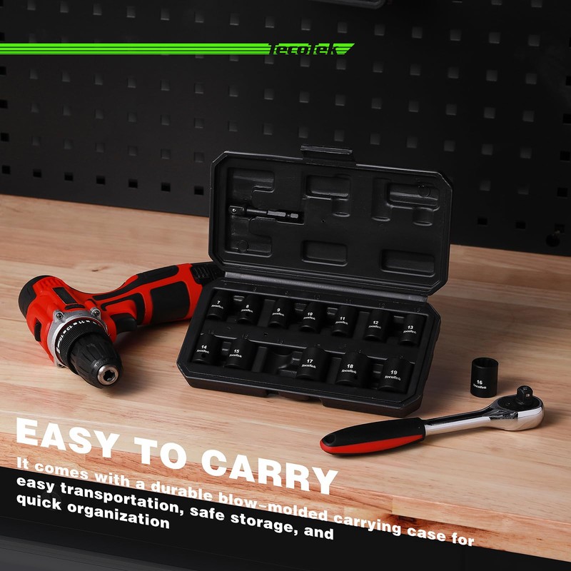 TecoTek 14 Pieces 3/8-Inch Drive Impact Socket Set, 12-Point, Metric,