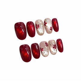 Bibii Nails Handmade False Nails, 3D Nails, Short, Floral Pattern, Spring/Summer, Korean, Popular, Short, 10 Pieces, Cat Eye, Magnet, 100% Handmade Nails for Easy Application, Reusable, Glossy, Cute