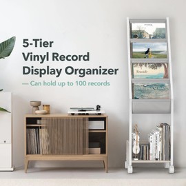 Keebofly Vinyl Record Storage, Record Holder Up to 100 Albums, Record Stand with 4 Tier Holder Display Shelf, Movable Vinyl Storage Organizer Rack, Record Cabinet for Book Magazine (White)