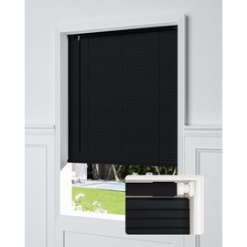 UNISHADES No Tools No Drill Cordless Mini Blinds, 100% Privacy L - Shaped Blades 1" Vinyl Blinds for Indoor Windows, for Window Size 27" W × 64" H - Black Actual Received Dimensions 26 5/8" W× 64" H
