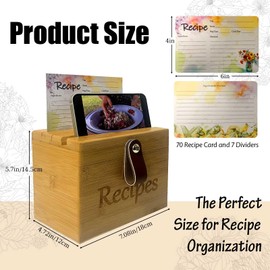 Gkesgm Bamboo Recipe Box with Cards and Dividers, Faux Leather Handle and Anti-slip Pad,70 Recipe Cards and 7 Dividers,Perfect for Organizing Your Favorite Recipes