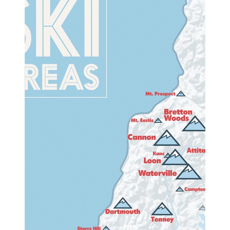 New Hampshire Ski Resorts Map 11x14 Print (White & Light