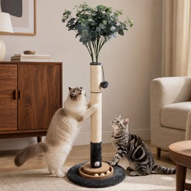 Pawalaya 35 Inch Cat Scratching Post, Eucalyptus Sisal Rope Cat Tree Tower with Hanging Ball & Interactive Mouse Toy, Durable Scratcher for Indoor Adult Cats