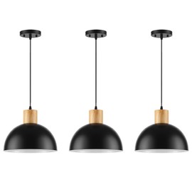 QianZhan Solid Wood Pendant Light 3 Pack, Modern Matte Black Pendant Lights Fixtures Adjustable Dome Hanging Lighting,for Kitchen Island Dining Room Restaurant Office Farmhouse