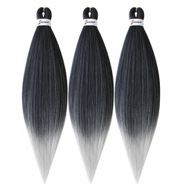 BALINGHAIR Pre-Stretched Braiding Hair Extensions Ombre Black to Gray 30 Inch Kanekalon Braiding Hair for Crochet Braids(1B/Gray-3Pcs)