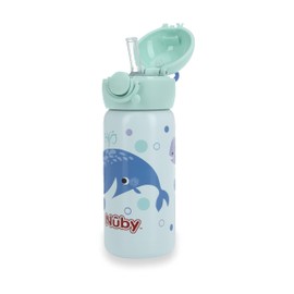 Nuby Thirsty Kids No Spill Flip-It Active Stainless Steel Travel Cup or Water Bottle - 14 Oz - 18+ Months - Mint Whale - Back to School Essentials