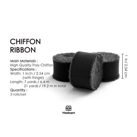 Vitalizart Black Chiffon Silk Ribbon 1" x 21 Yd Fringe Fabric Package (3 Rolls * 7 Yd) for Wedding Invitations Bridal Bouquets Decorations Gifts Wrapping & Bow Making