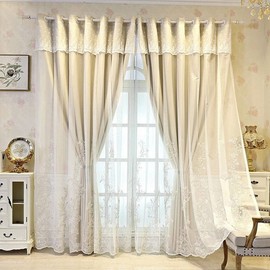 Amidoudou 1 Pair European Double Layer Curtains for Living Room Bedroom Luxury Flower Embroidered Curtains (Beige,51x96 Inch)
