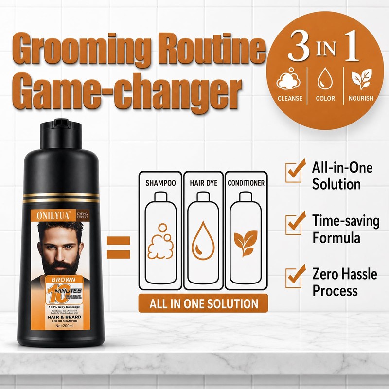 Men's Mustache & Beard Dye Shampoo Dark Brown, 3 in