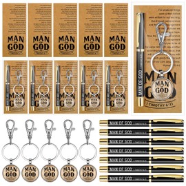Aurelema 15 Sets Father's Day Man of God Gift for Men Christian Baptism Gifts Included Bible Verse Keychain Religious Ballpoint Pens with Cards Bags for Father Day Church Pastors