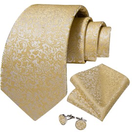 DiBanGu Gold Yellow Floral Tie for Men Silk Paisley Necktie Pocket Square Cufflinks Set