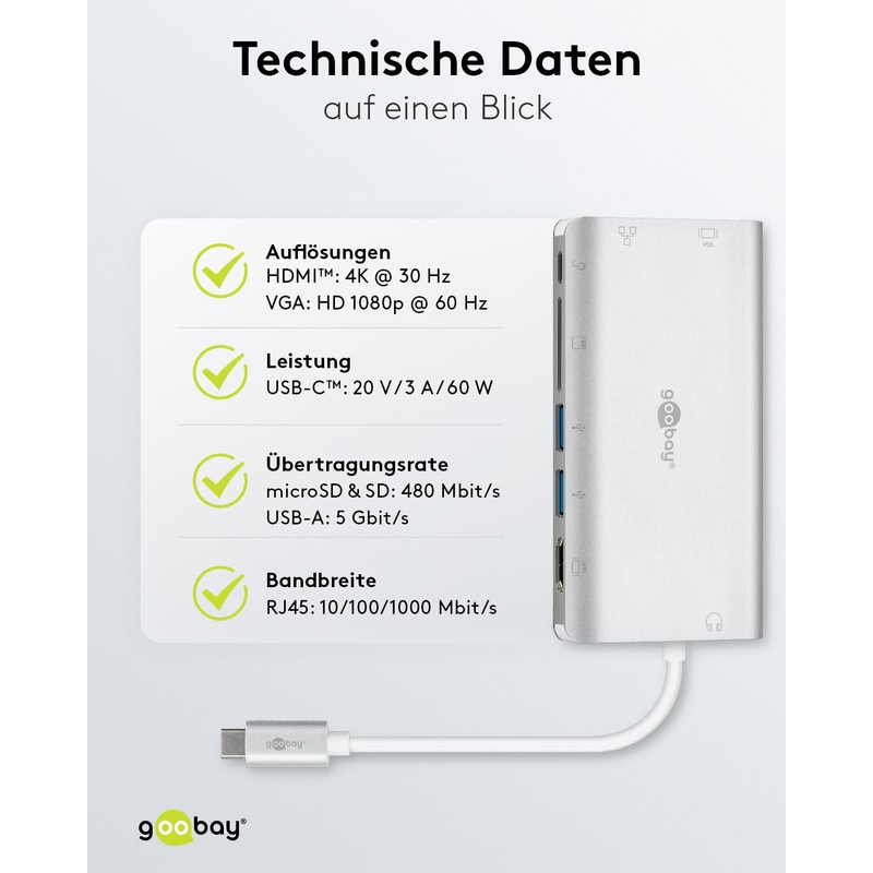 Goobay 49850 USB C Hub Multiport Splitter 9 Ports HDMI/VGA/USB