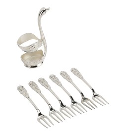 Swan Base Holder Forks Set Aluminum Silver Fashion Rustproof Decorative Swan Base Holder with 6 Forks for Fruits