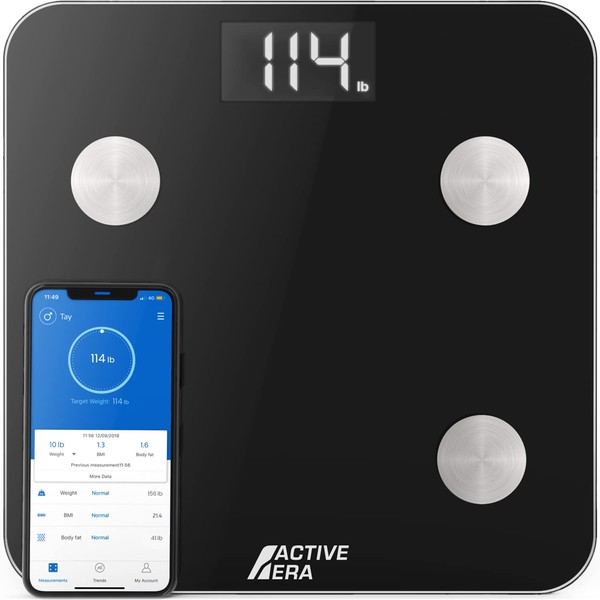 Active Era Digital Bathroom Bluetooth Scales Weight and Body Fat - Fit Track Scale Calculates BMI, Body Fat Percentage, Muscle Mass - Apple Health, Google Fit & Fitbit Compatibility (Black)