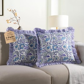 CPC Aqua Blue 100% Cotton Block Print Ruffle Pillow Cover 16X16 inch, Handmade Boho Floral Pillowcase, Farmhouse Cottagecore Bedding, Soft Decorative Cushion Cover for Bedroom Décor