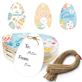 48pcs Happy Easter Gift Tags Colorful Easter Bunny Egg Paper Tags with Strings for Easter Spring Party Favor Decoration Supplies
