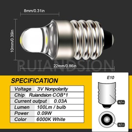Ruiandsion 4pcs E10 LED Bulbs 3V 6000K White LED Bulbs for Torchlight Flashlight Torch Light,Non-Polarity