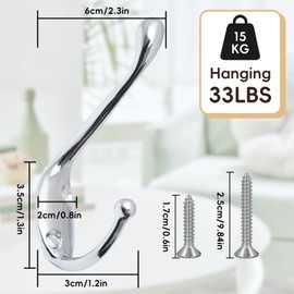 GOTRUST Sliver Coat Hook, 8pcs Vintage Metal Coat Hooks, Heavy Duty Dual Door Hook Wall Mounted, Individual Towel Hooks with 32 Screws for Hanging, Bathroom Bedroom Fitting Room